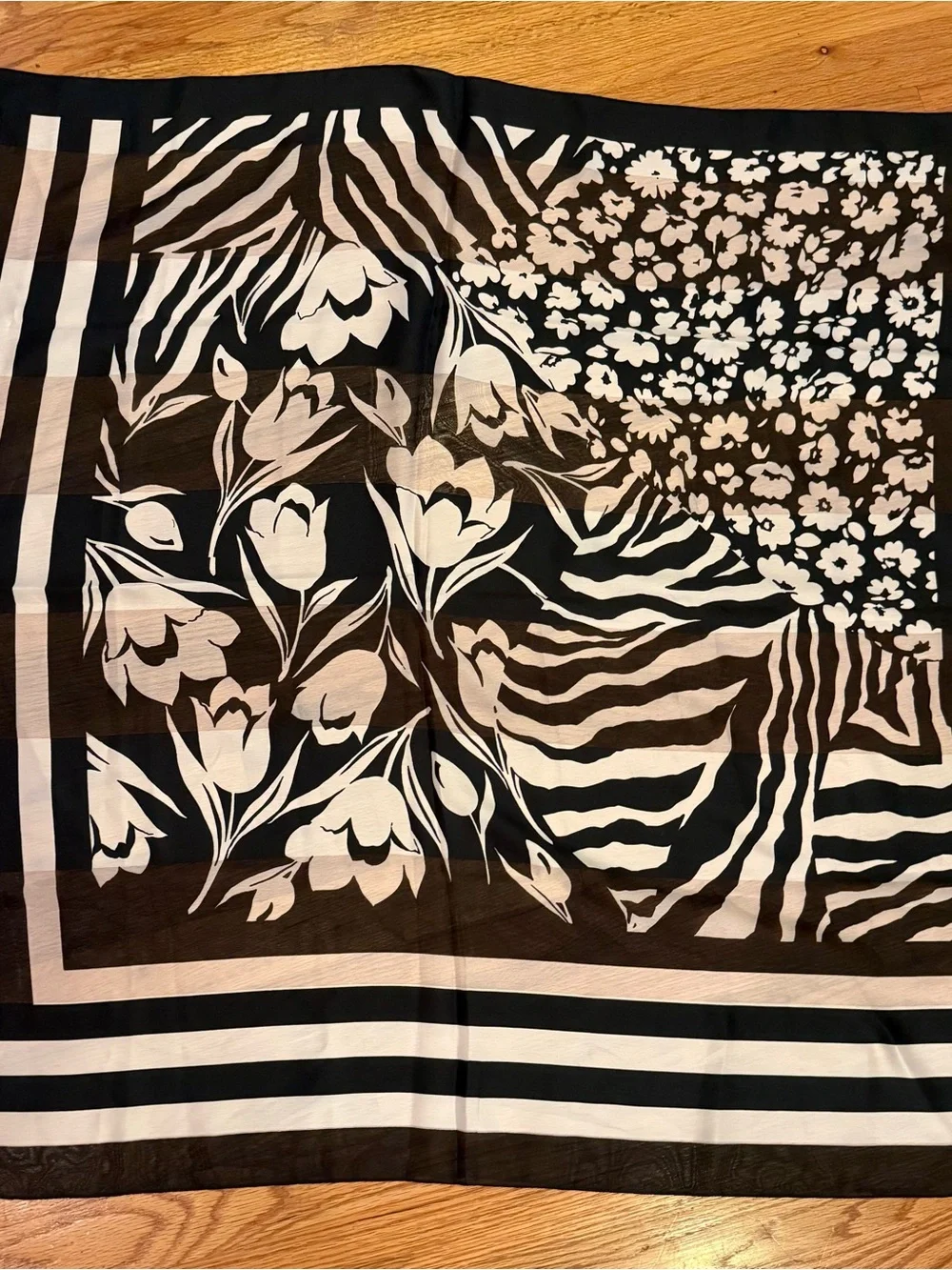 Vintage Mixed Pattern Square Scarf Black & White Made in Italy Zebra Floral
